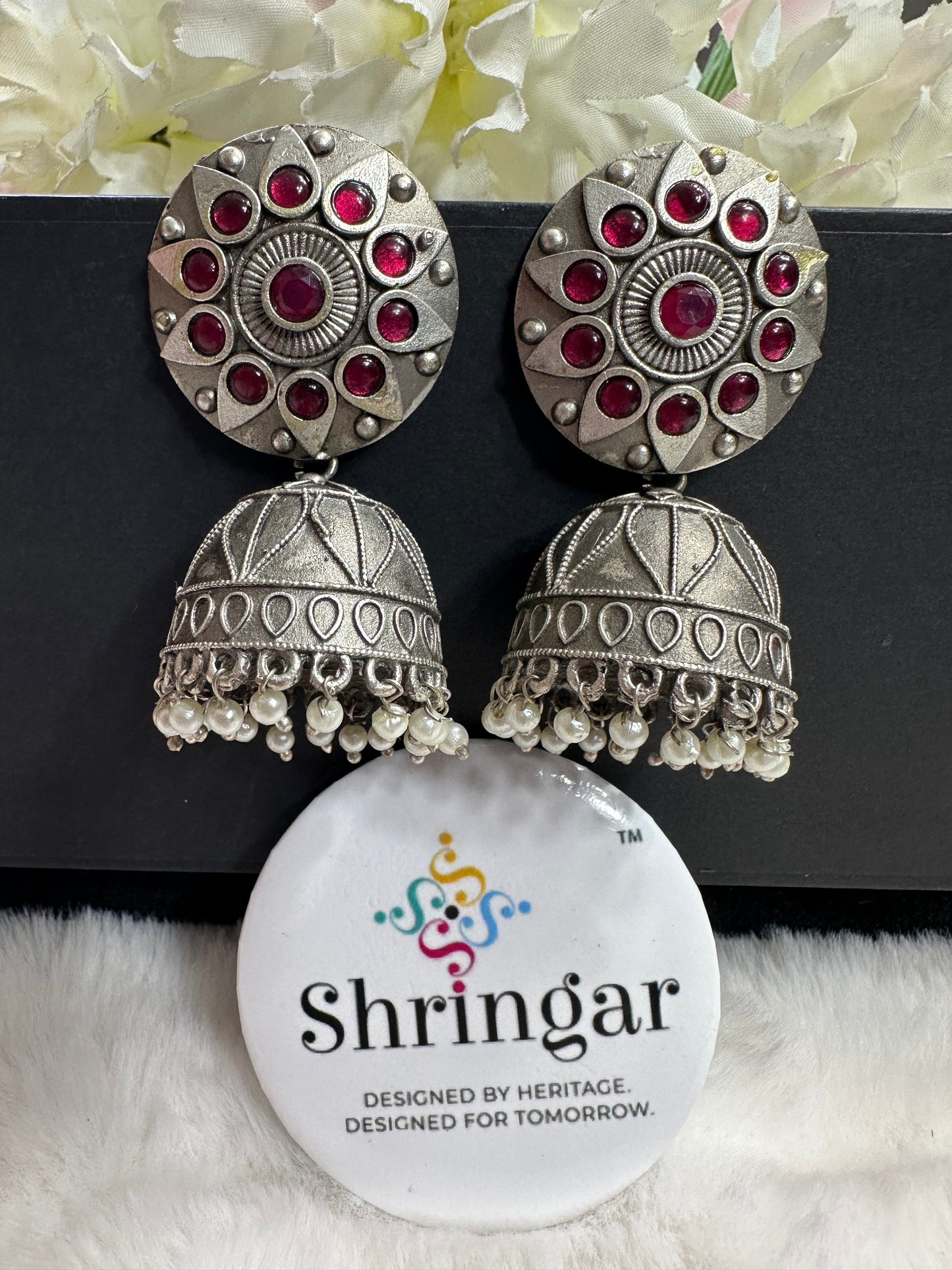 Oxidized silver Jhumki -red