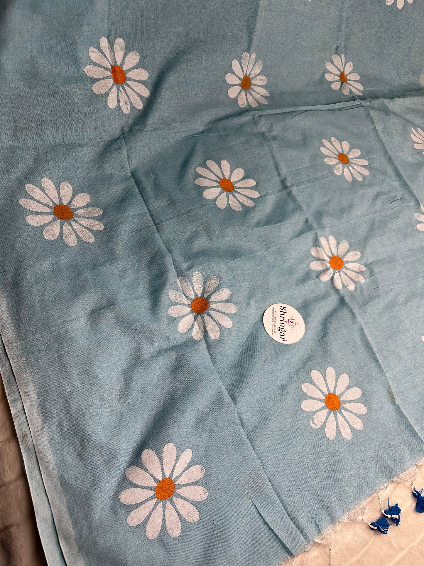 Flower Cotton Linen Saree-Blue