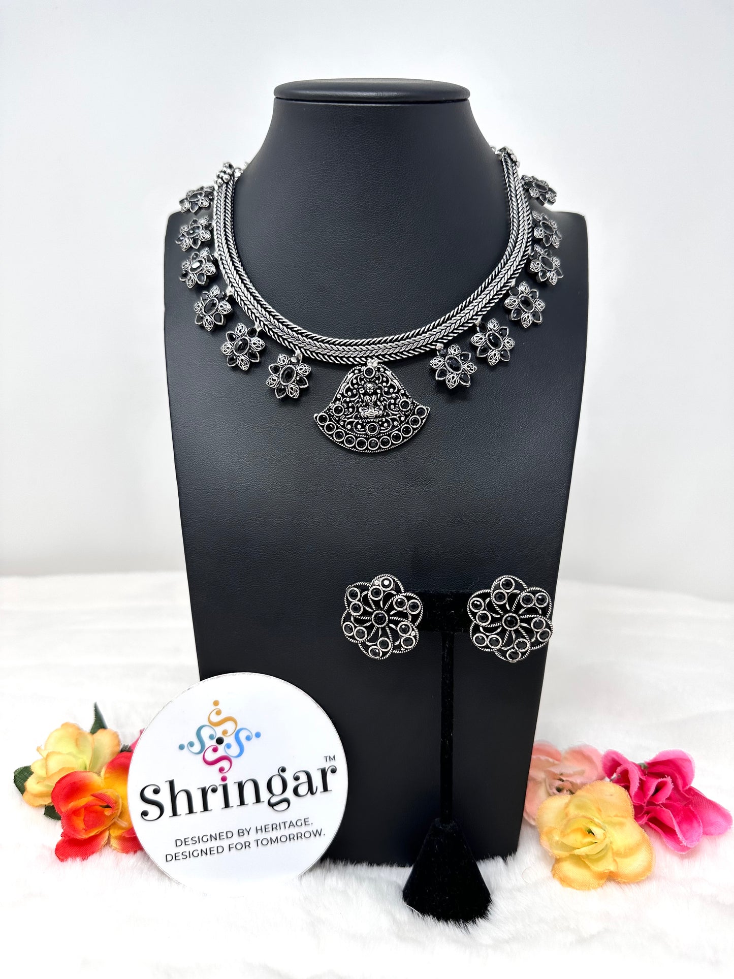 Oxidized Necklace Set - Goddess Pendant Black