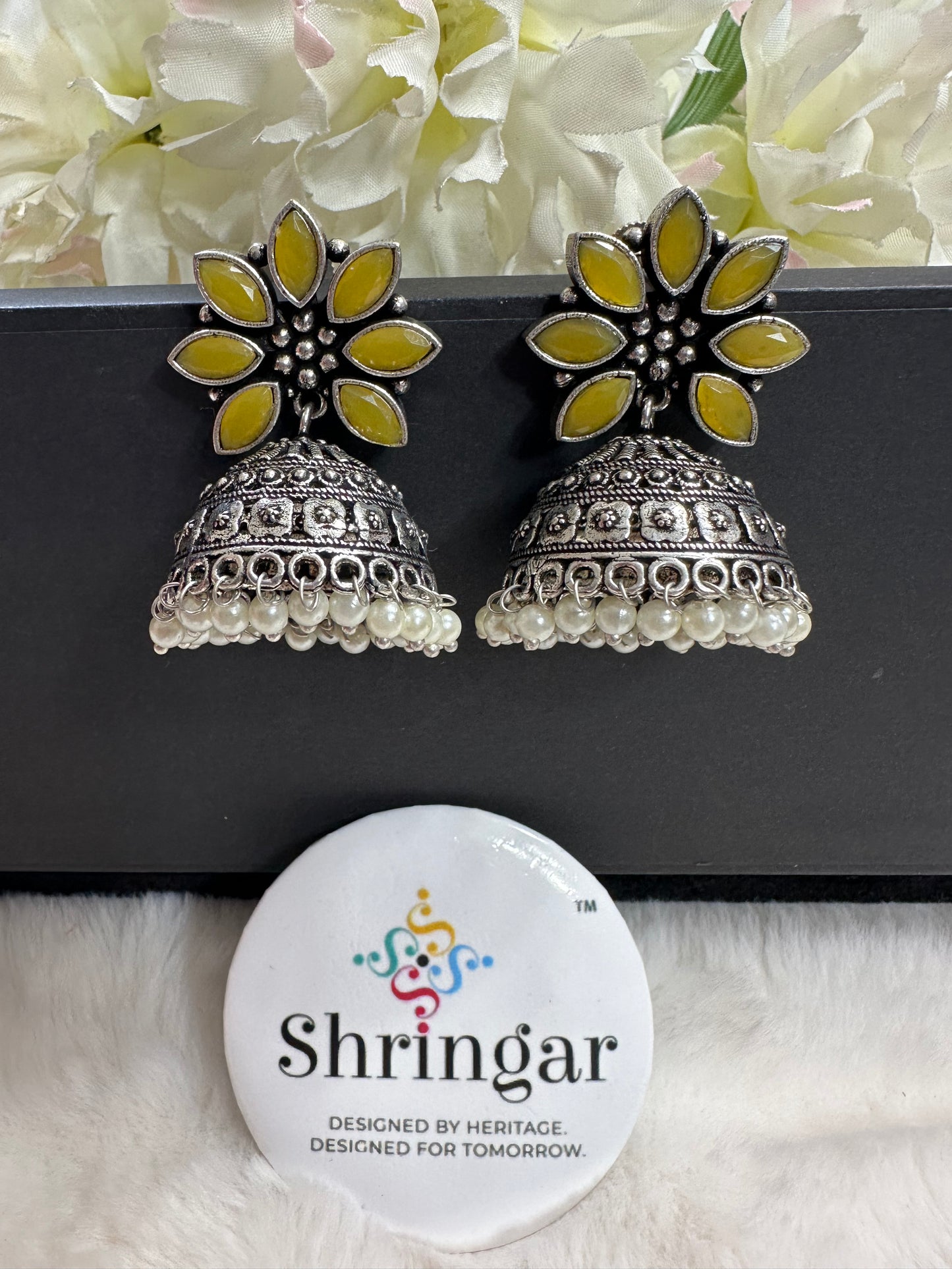 Oxidized silver Jhumki -yellow