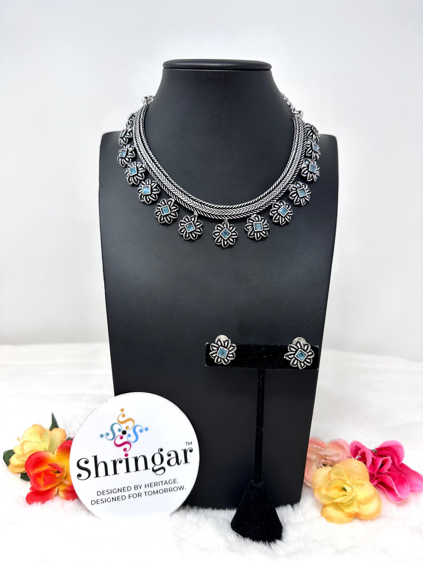 Oxidized Necklace Set - Light Blue