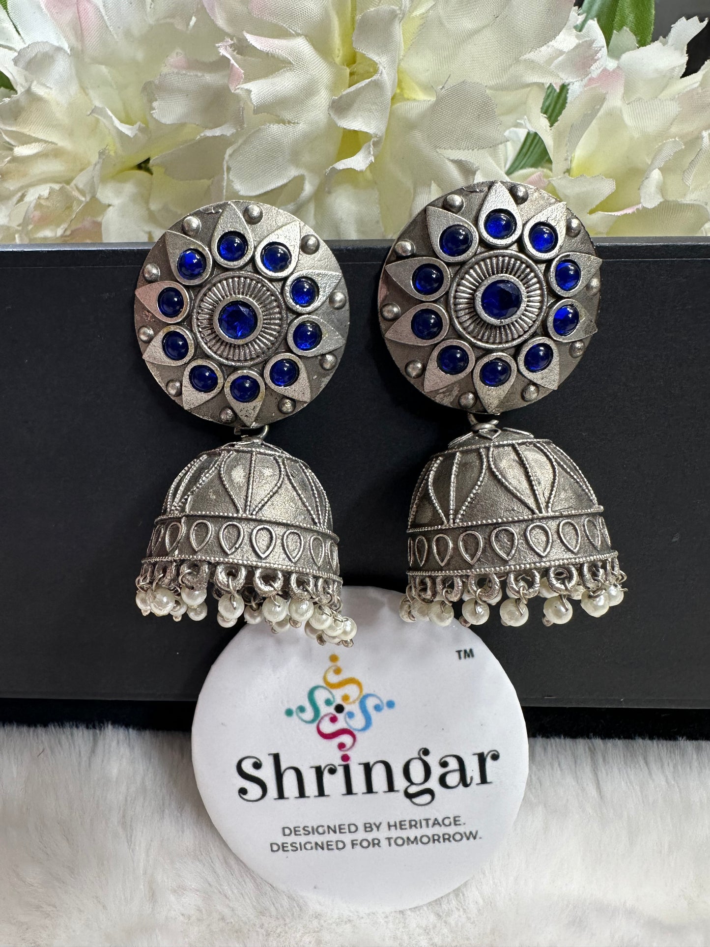 Oxidized Silver Jhumki- blue