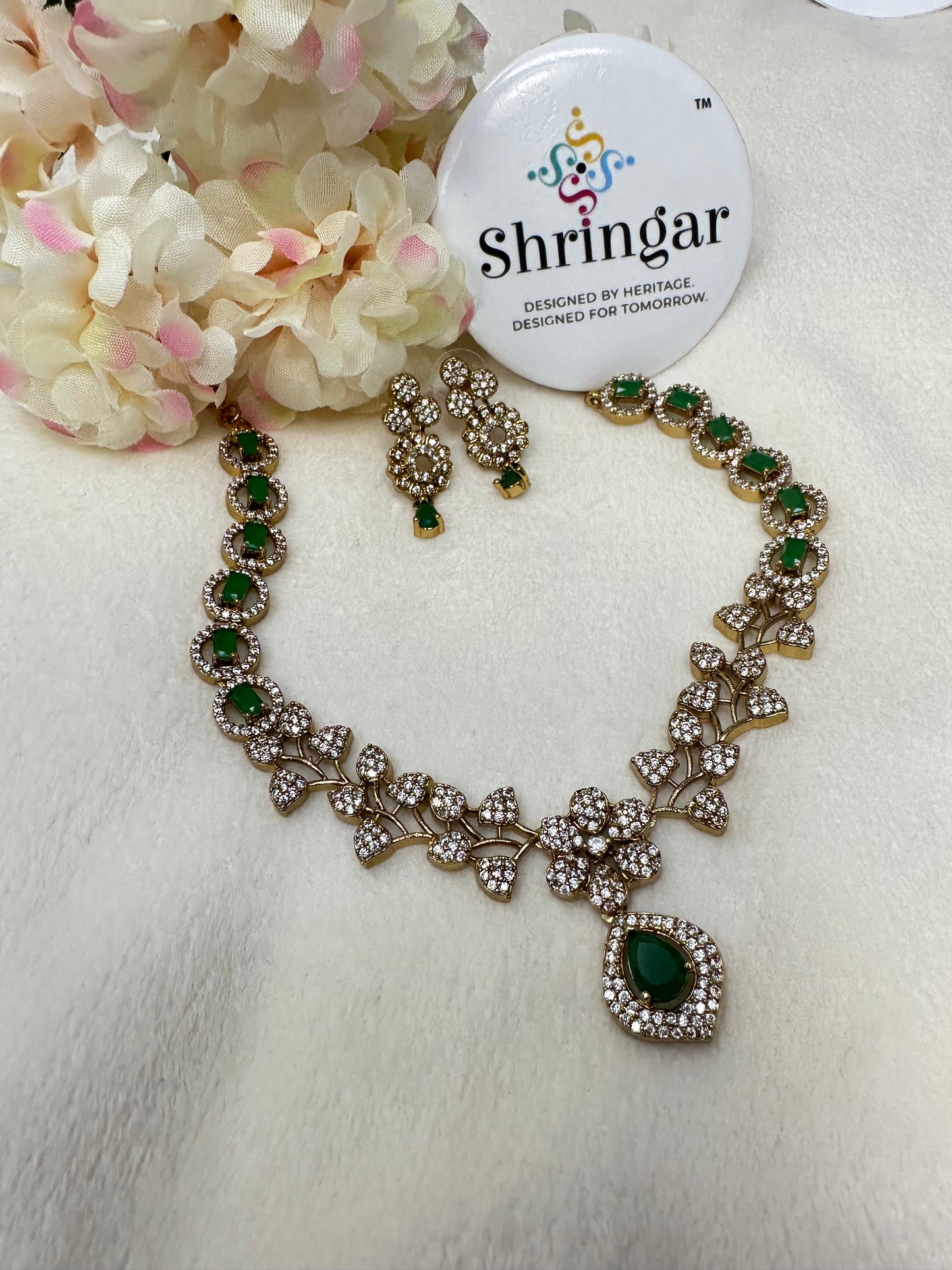 Green Floral Necklace Earring Set