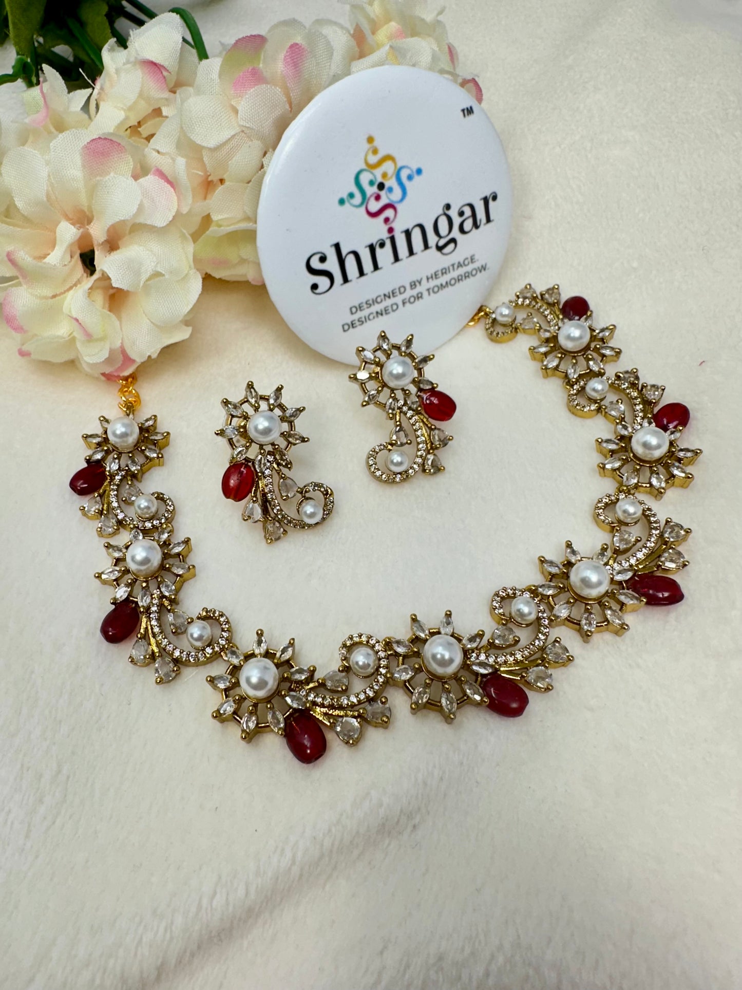 Floral Pearl & Ruby Jewelry Set