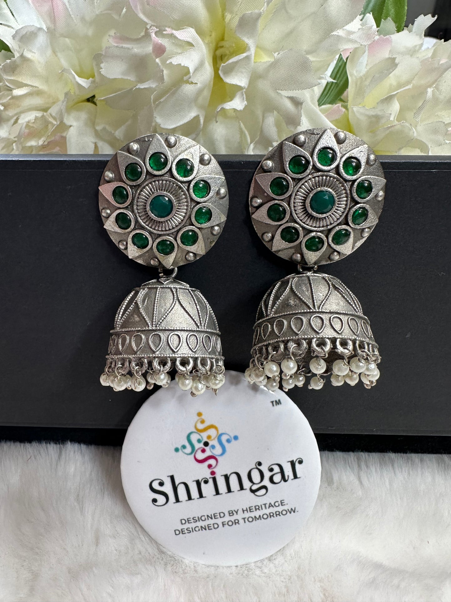Oxidized silver Jhumki- green