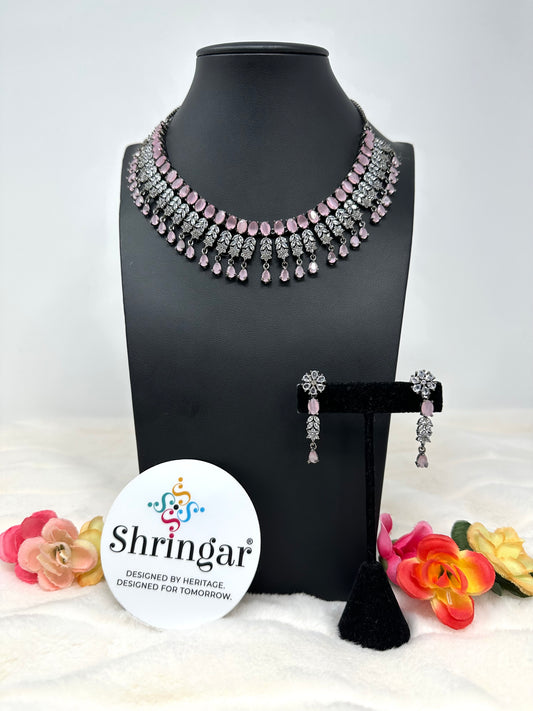Pastel Pink Victorian Finish AD Necklace Set