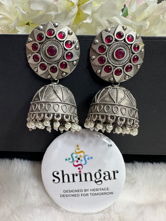 Oxidized silver Jhumki -red