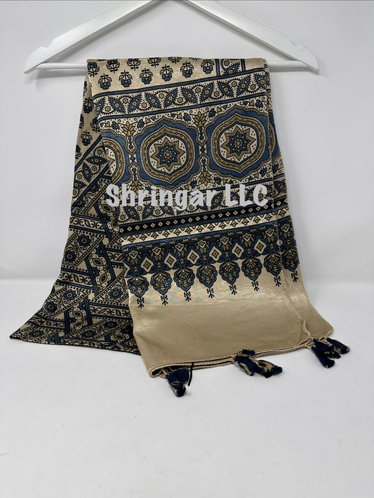 Ajrakh Hand Block Printed Mashru Silk Stole- Beige (Earthy)-01