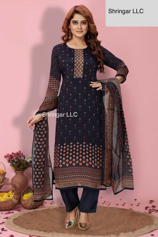 Dark Blue Pure Chinnon Salwar Suit