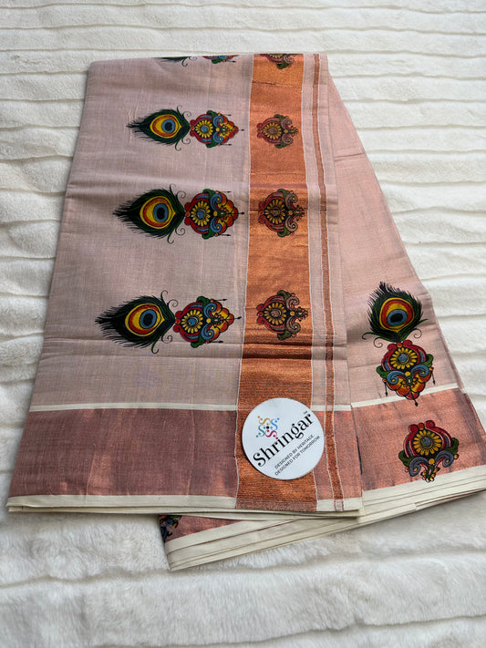 Copper Tissue Kerala Saree with Blouse Fabric