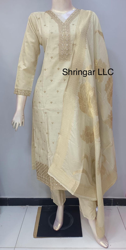 Cream Salwar Suit with Golden Colored Designs and Matching Pants and Dupatta