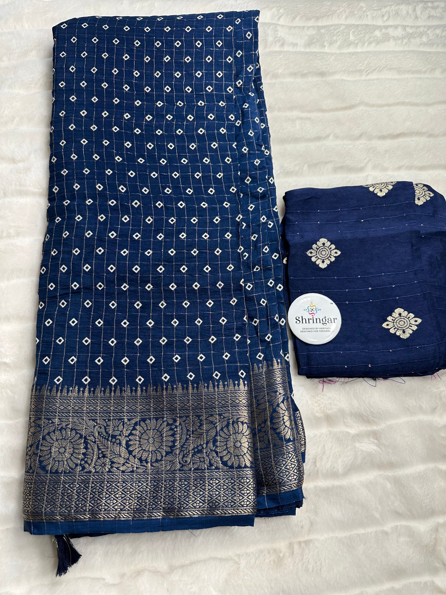 Deep Navy Blue Kani Silk Saree with Antique Gold Zari