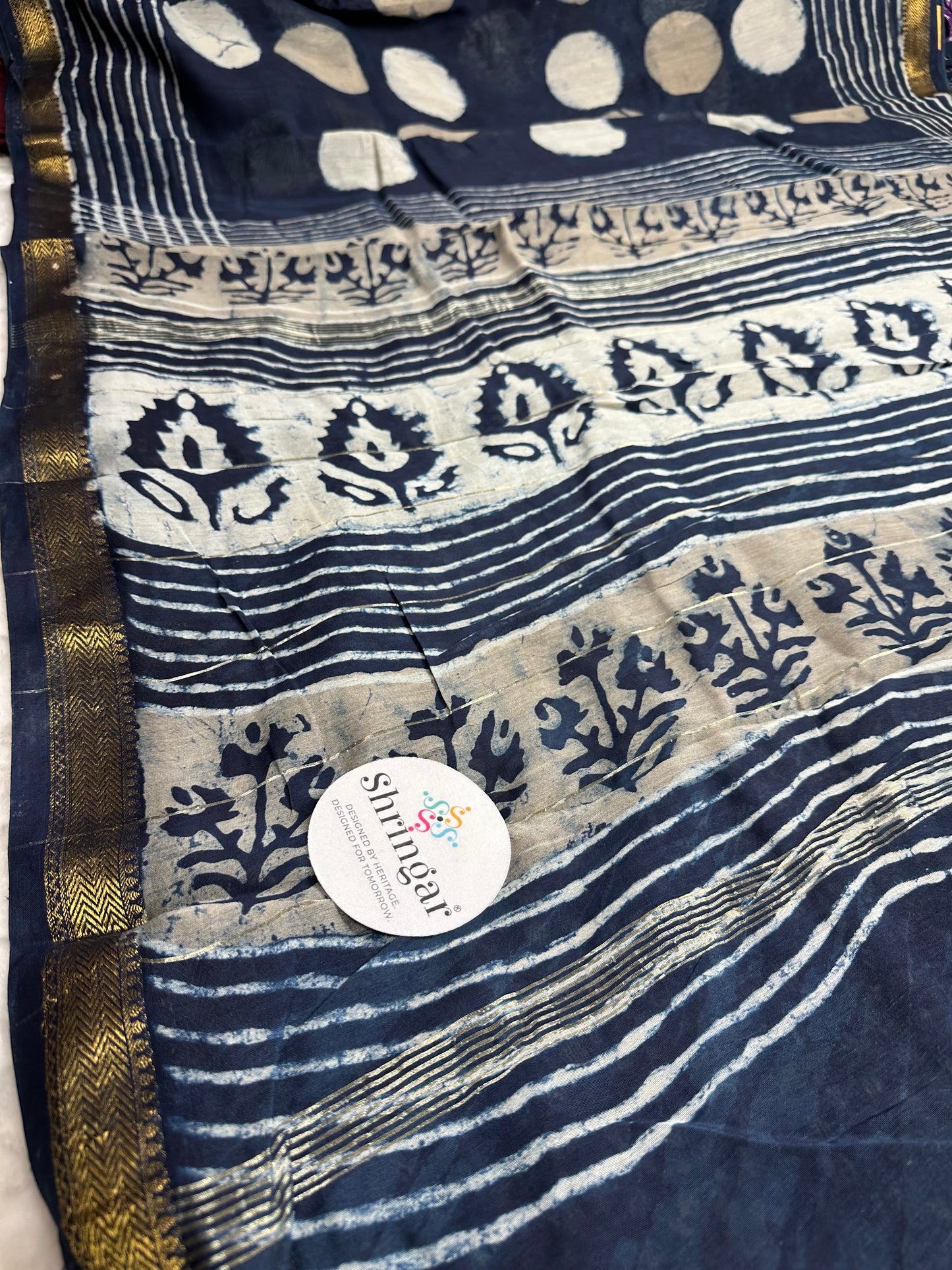 The Indigo Moonlit Hand-block printed Maheswari silk Saree