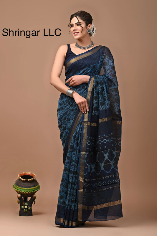 The Indigo Heritage
Handblock Printed Maheshwari Silk Saree