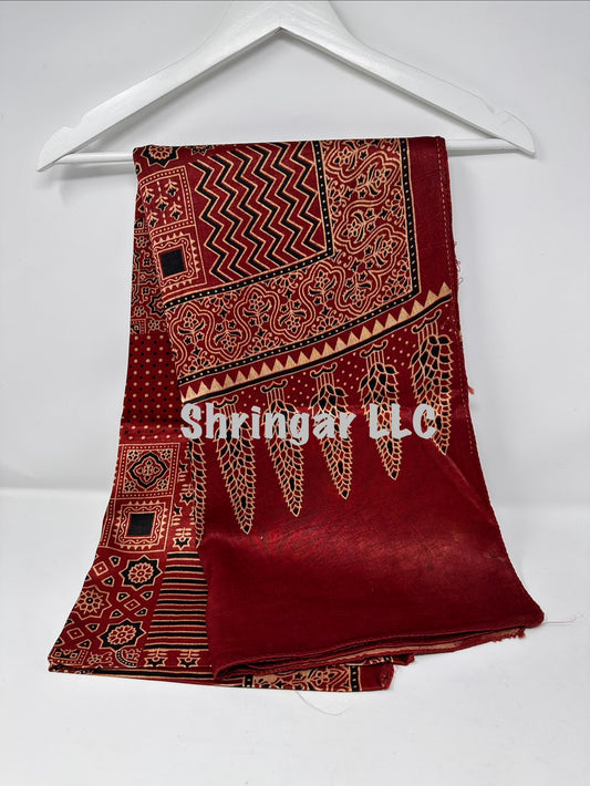 Ajrakh Hand Block Printed Mashru Silk Stole- red and black