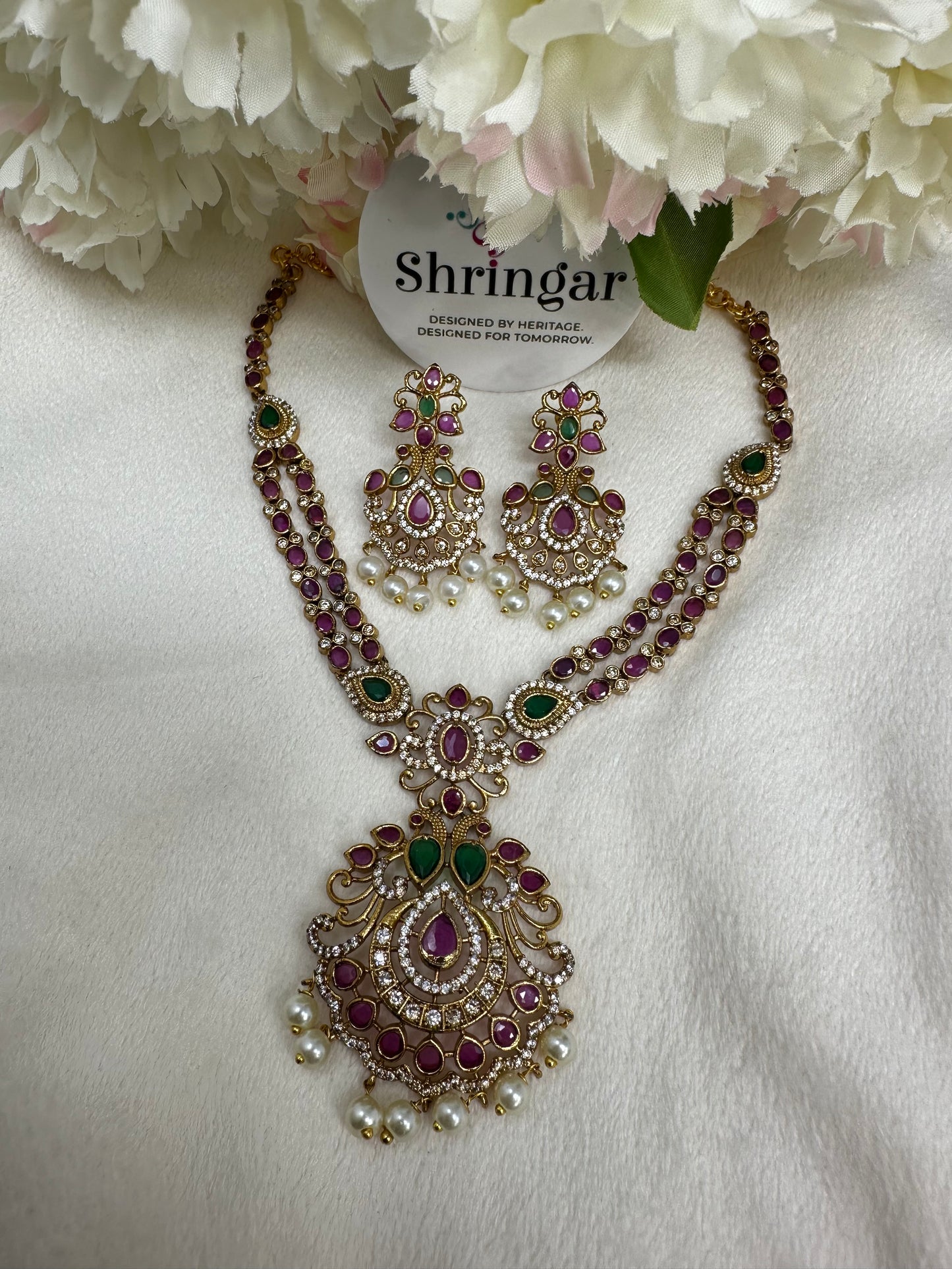 Pink and Green Peacock Necklace Earring Set