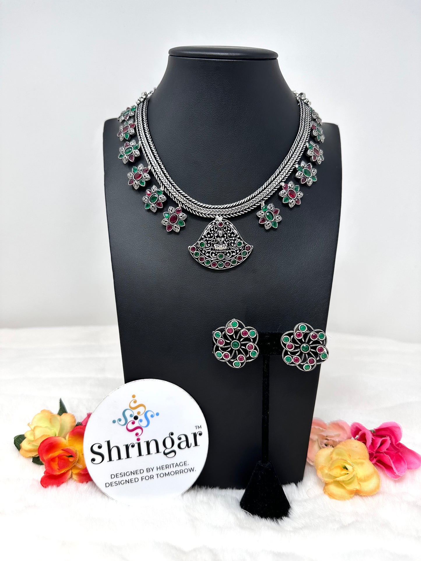Oxidized Necklace Set - Goddess Pendant Multicolor