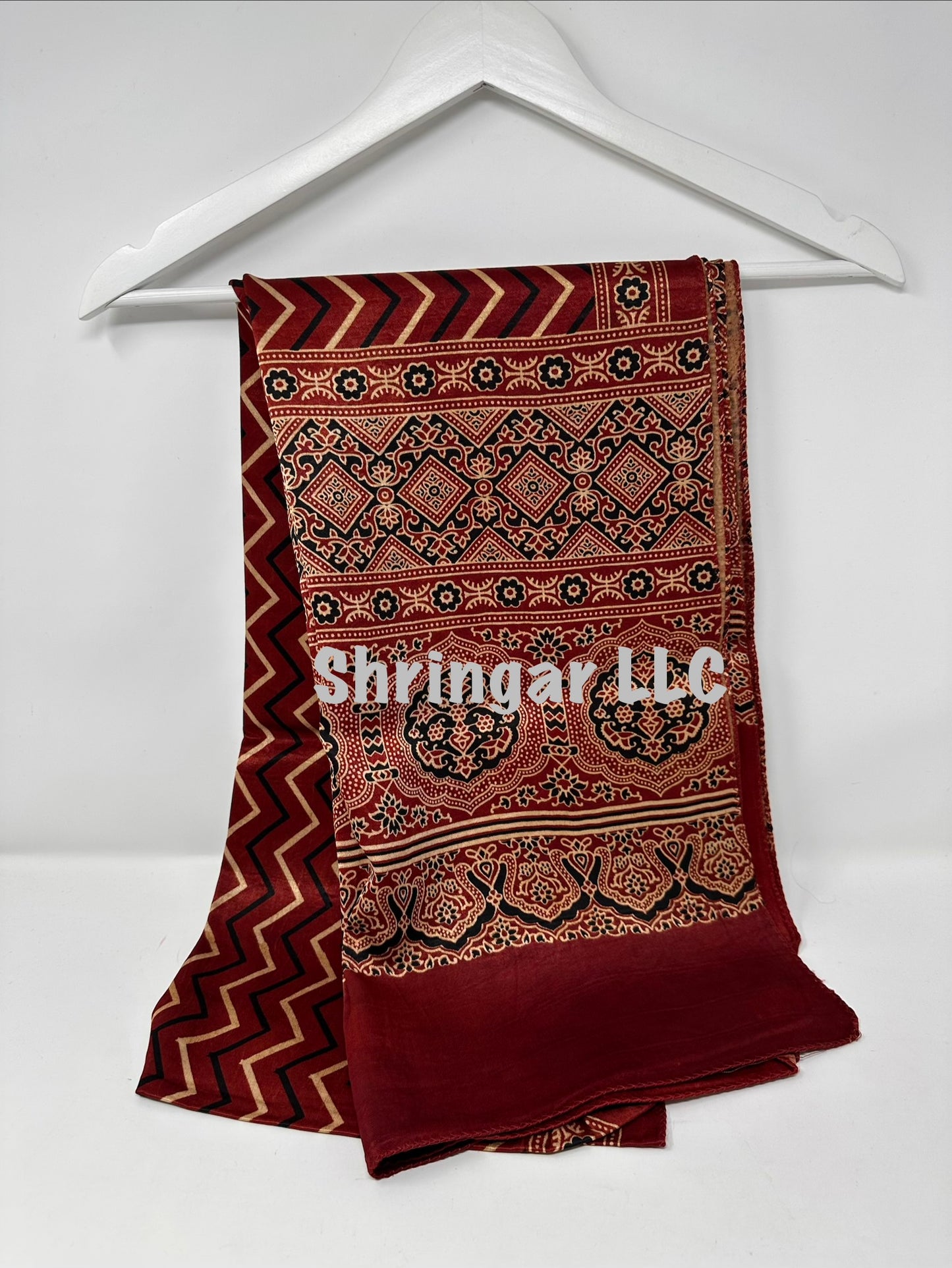 Ajrakh Hand Block Printed Mashru Silk Stole- red and black 02