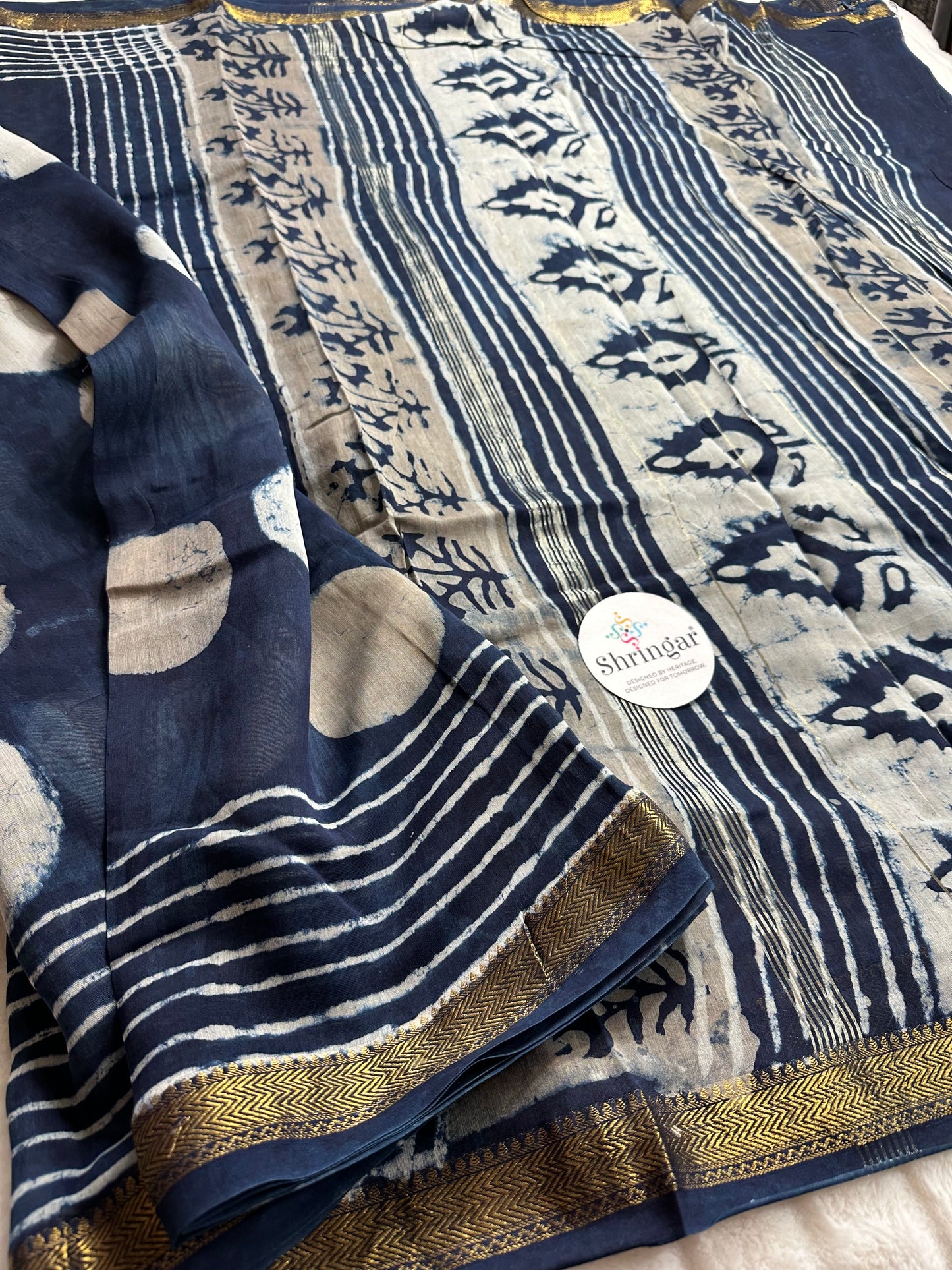The Indigo Moonlit Hand-block printed Maheswari silk Saree