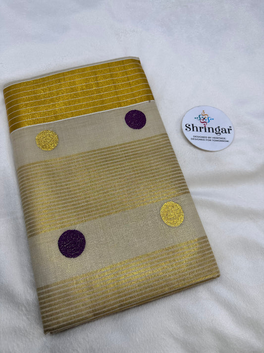 Kerala Onam Tissue Saree (purple polka dots in Pallu)