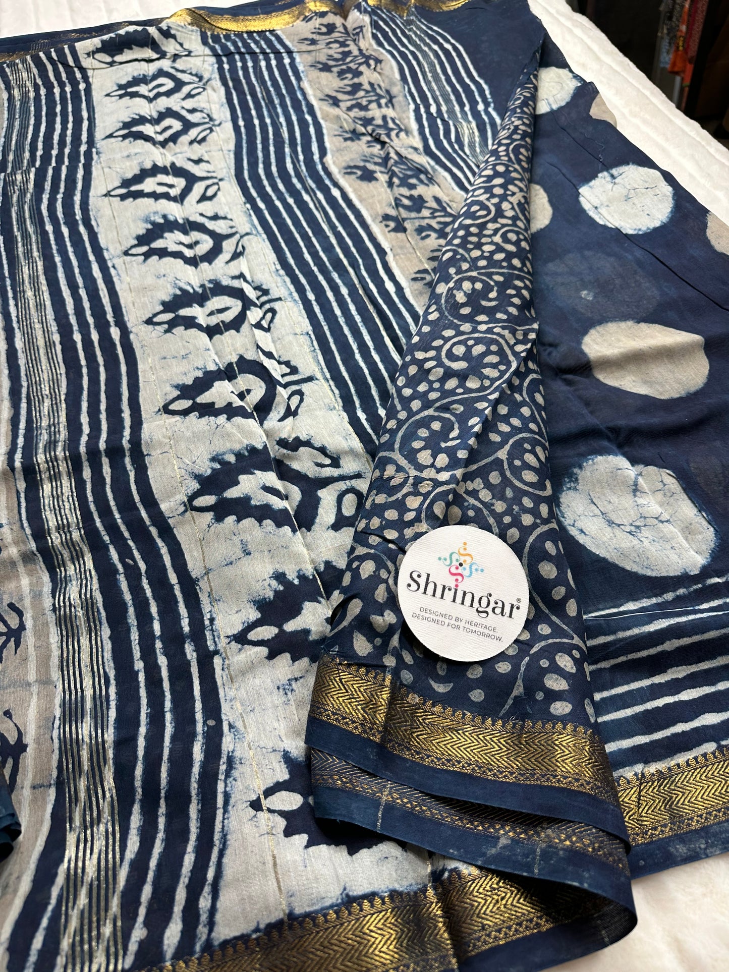 The Indigo Moonlit Hand-block printed Maheswari silk Saree