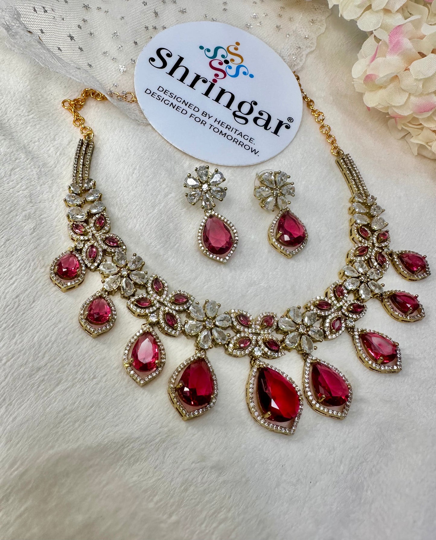 Royal Ruby & Gold Floral Necklace Set