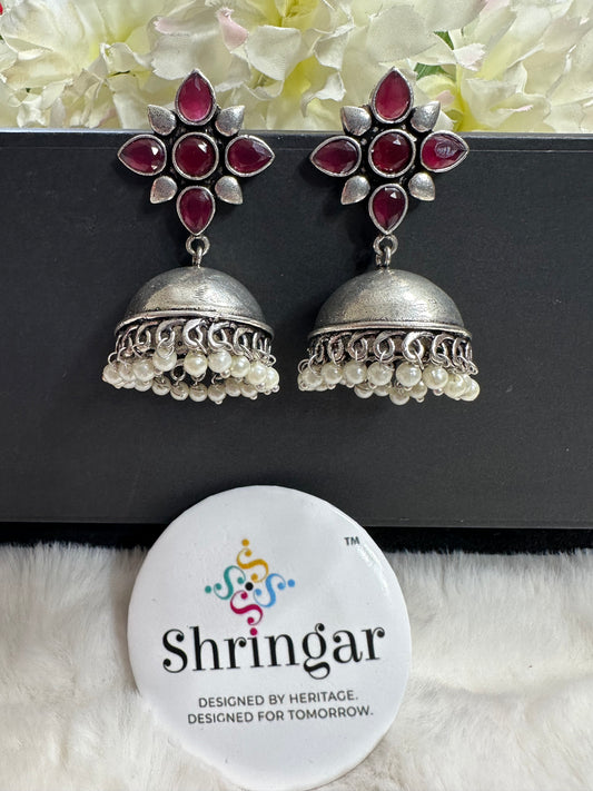 Floral ruby pink - oxidized silver Jhumki