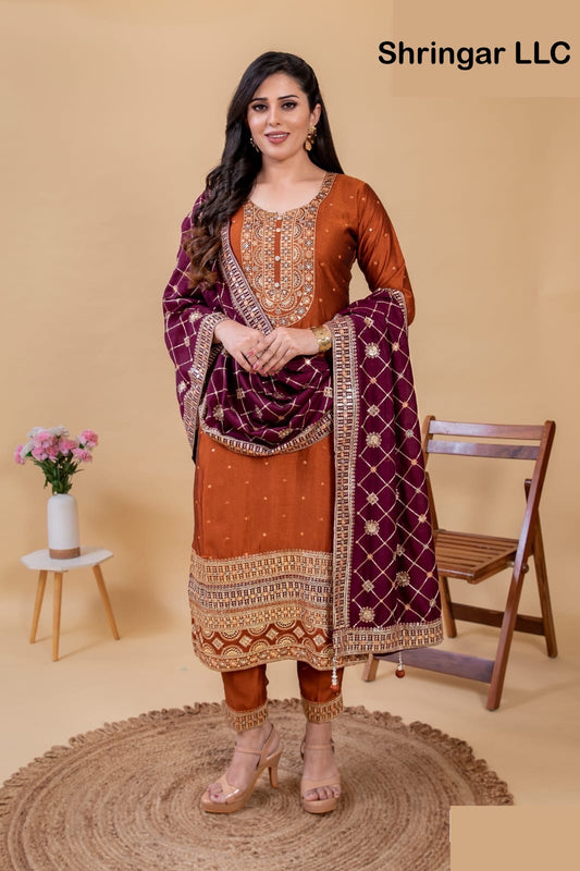 Brown Salwar suit with burgundy dupatta