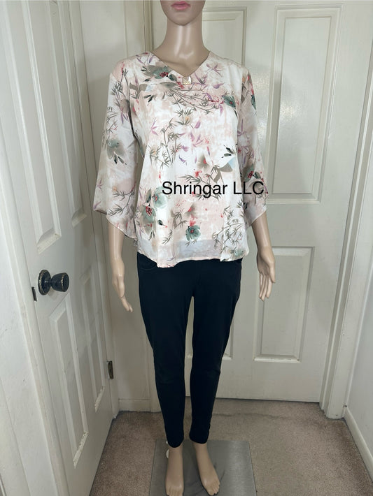 Light Pink Casual Floral Top with Removable Brooch