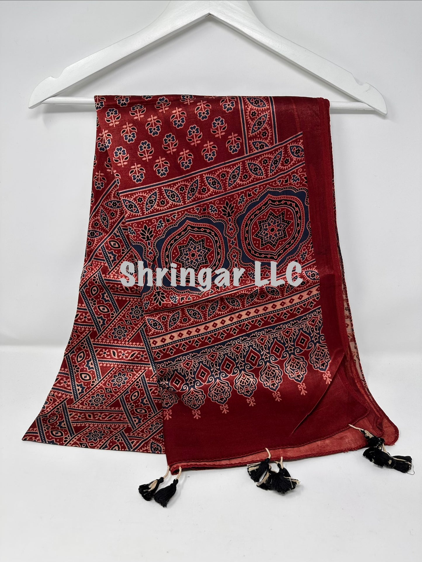 Ajrakh Hand Block Printed Mashru Silk Stole- deep crimson-03