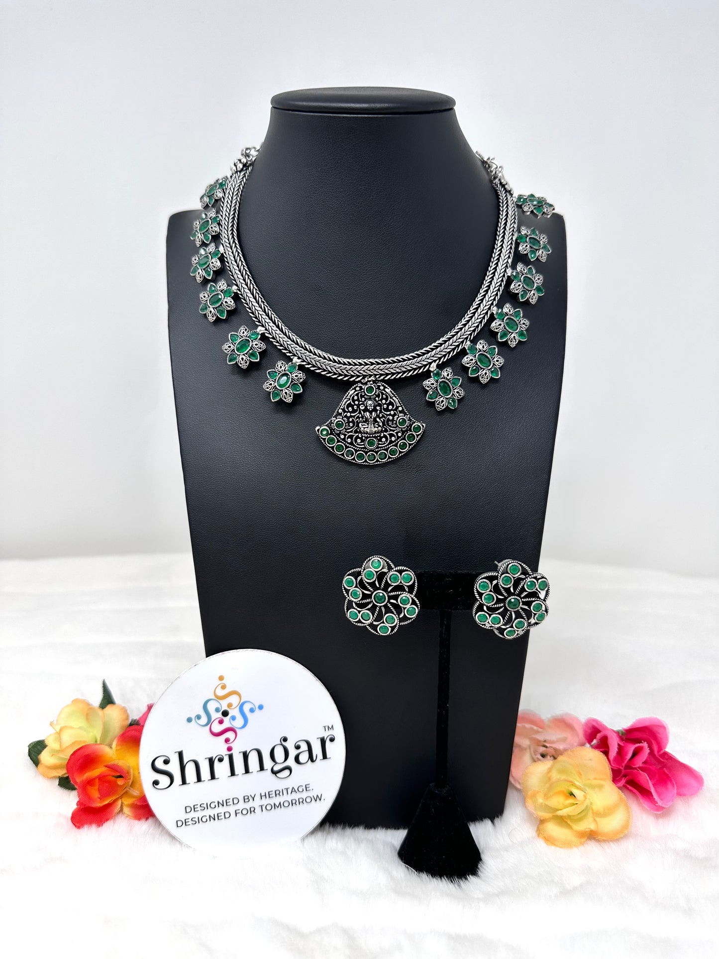 Oxidized Necklace Set - Goddess Pendant Green