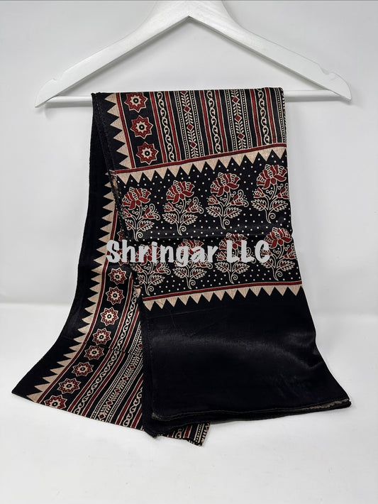 Ajrakh Hand-Block Printed Mashru Silk Stole - Black 02