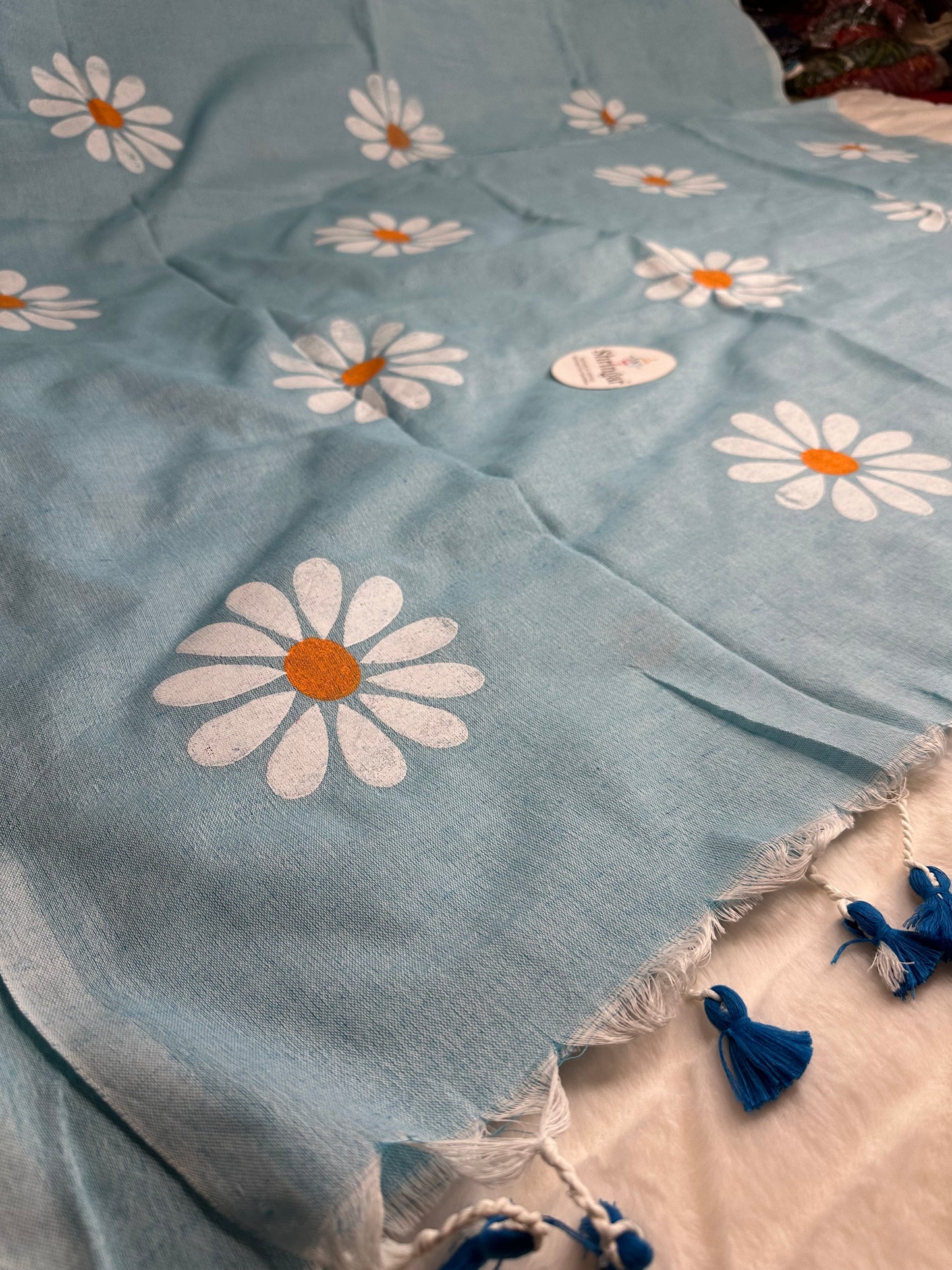 Flower Cotton Linen Saree-Blue