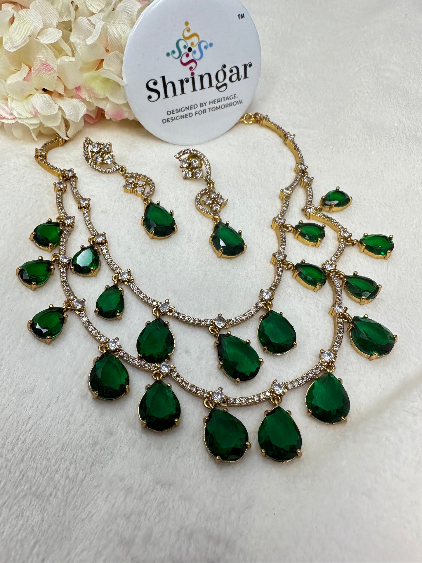 Emerald 2 Layered Necklace Earrings Set