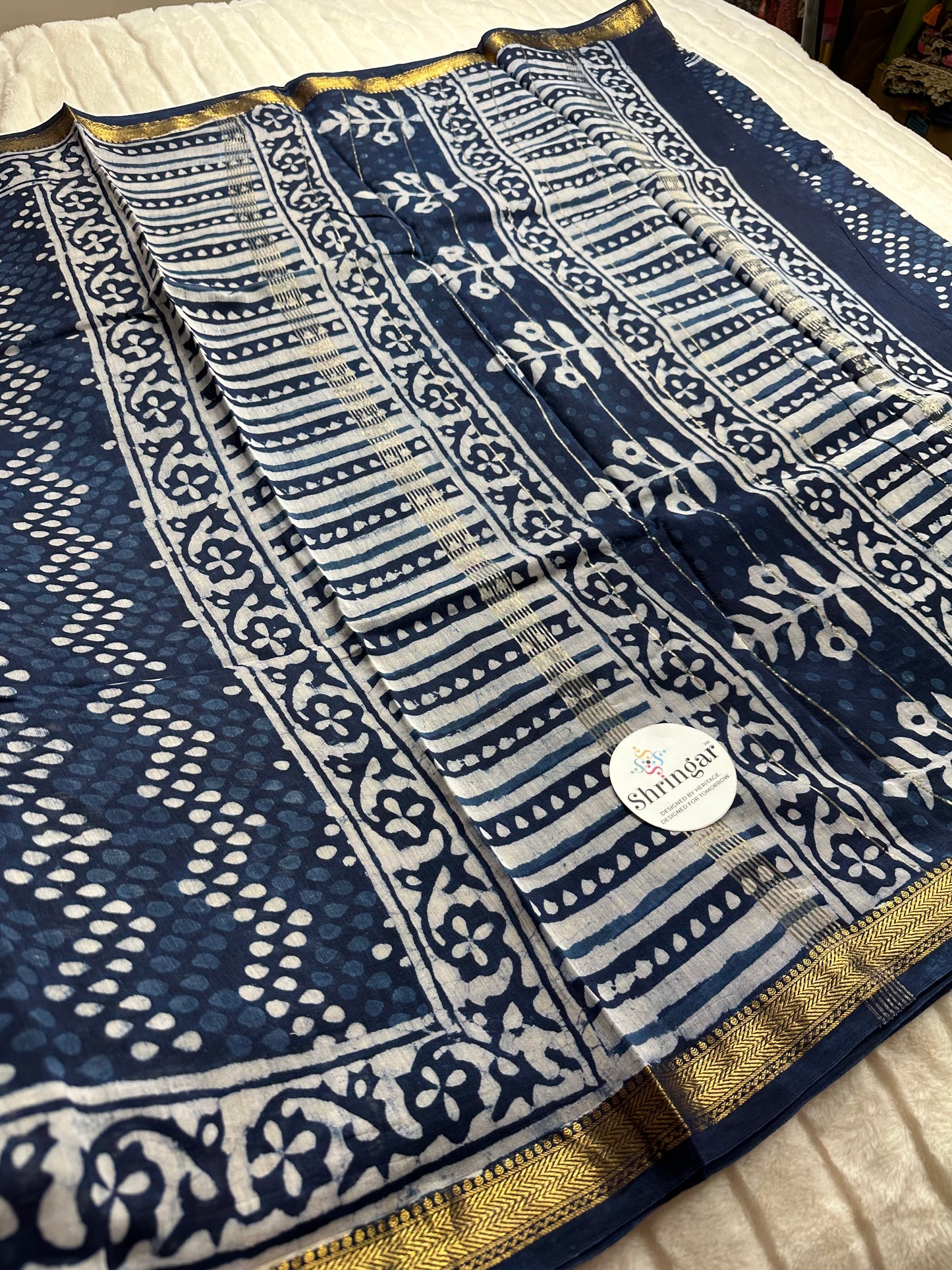 Indigo Bloom: Handblock Printed Maheshwari Silk Saree