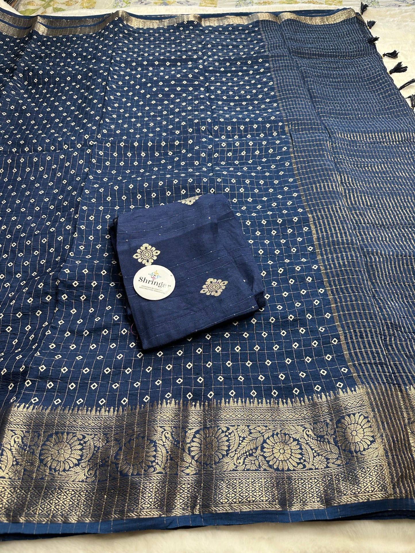 Deep Navy Blue Kani Silk Saree with Antique Gold Zari