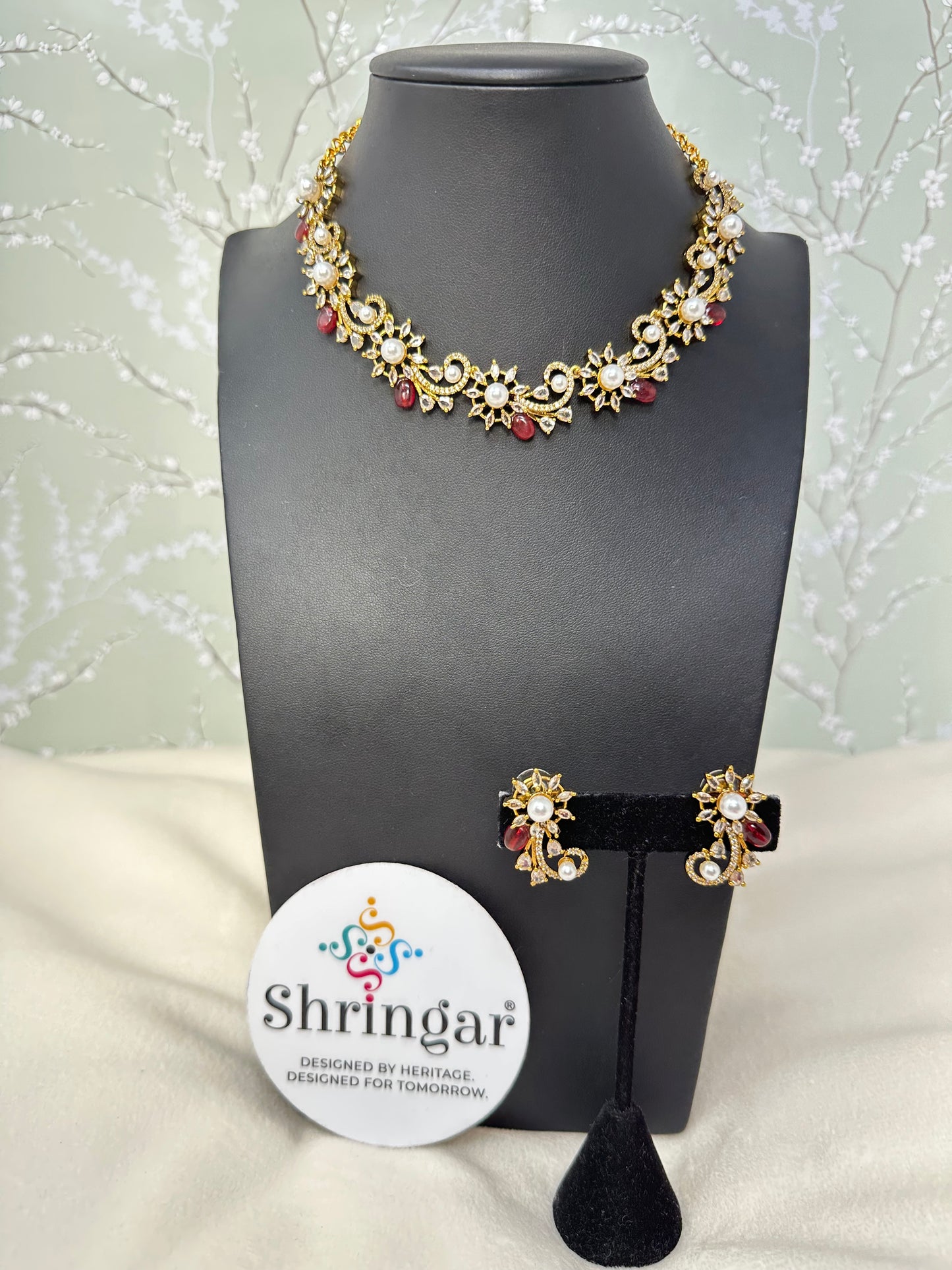 Floral Pearl & Ruby Jewelry Set