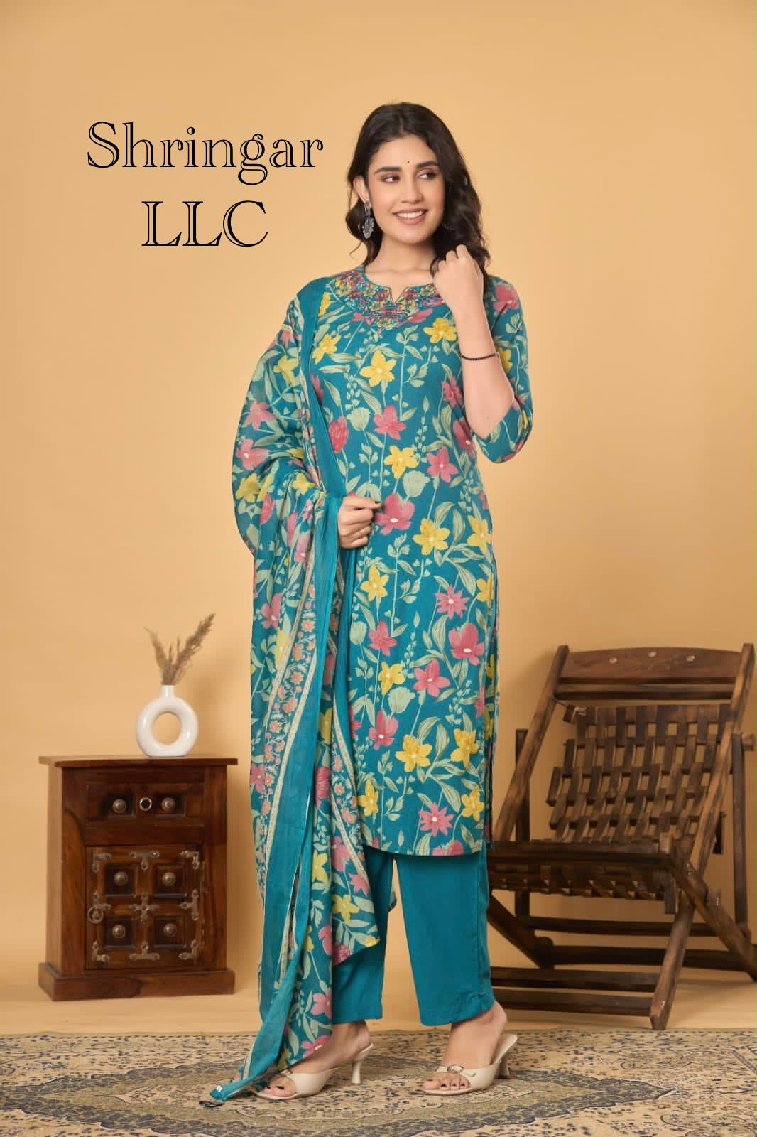 Teal Floral Printed Cotton Salwar Suit