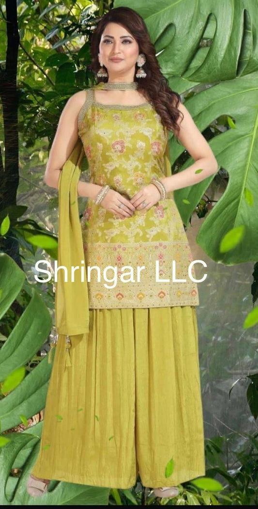 Yellow Partywear Sleeveless Top with Palazzo Pants and Matching Dupatta