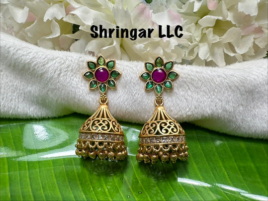 Floral Jhumki- ruby pink and green