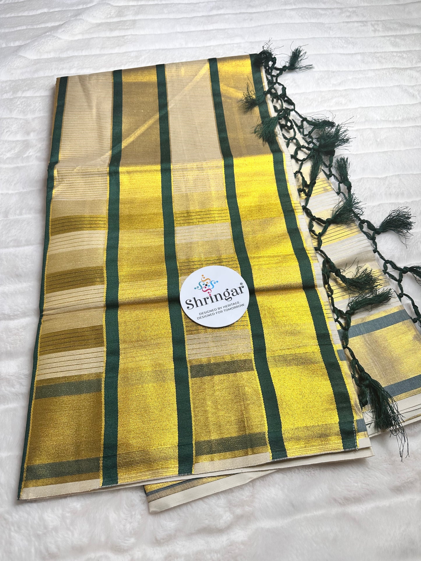 Kerala Saree with gold stripes