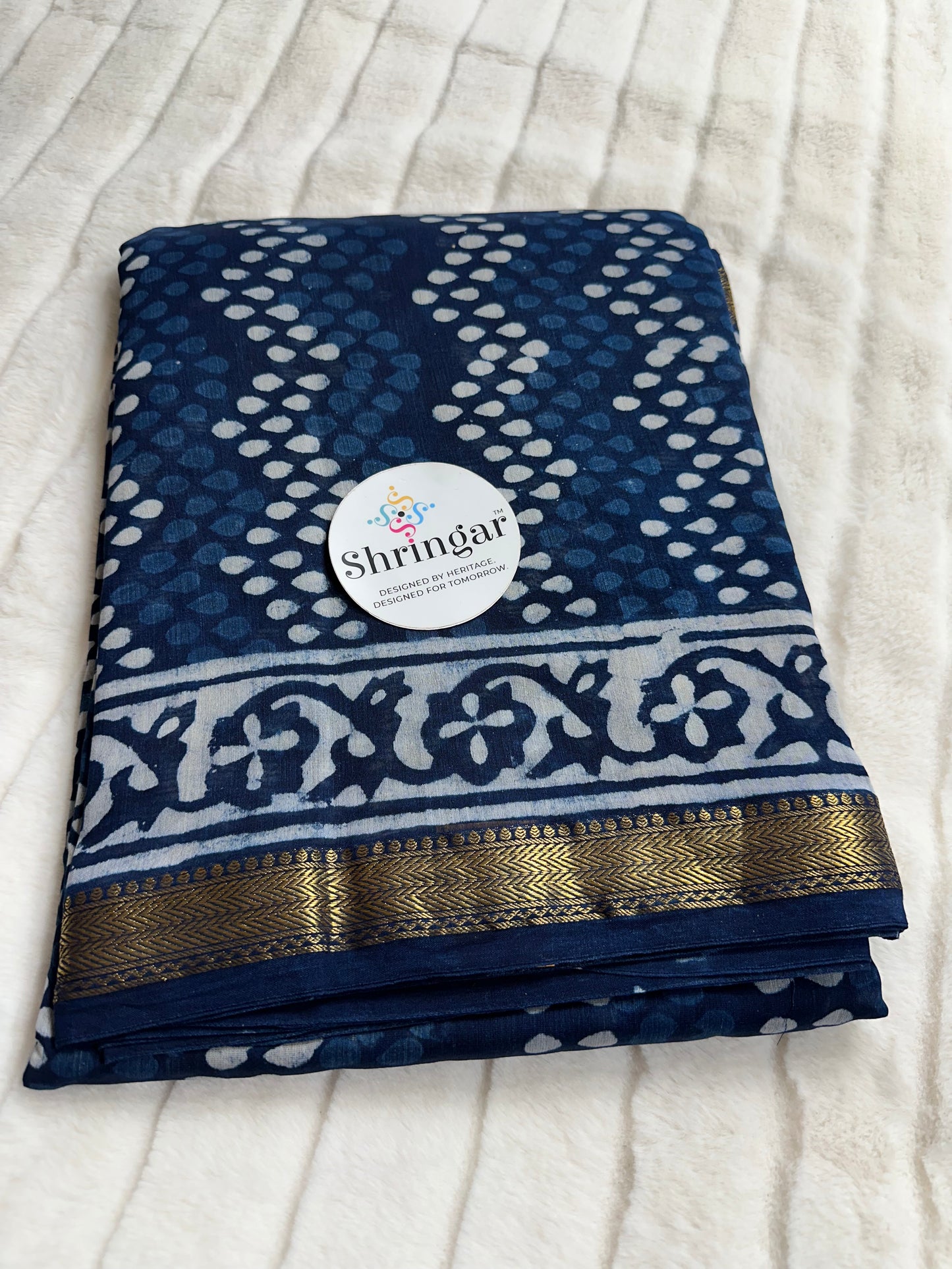 Indigo Bloom: Handblock Printed Maheshwari Silk Saree