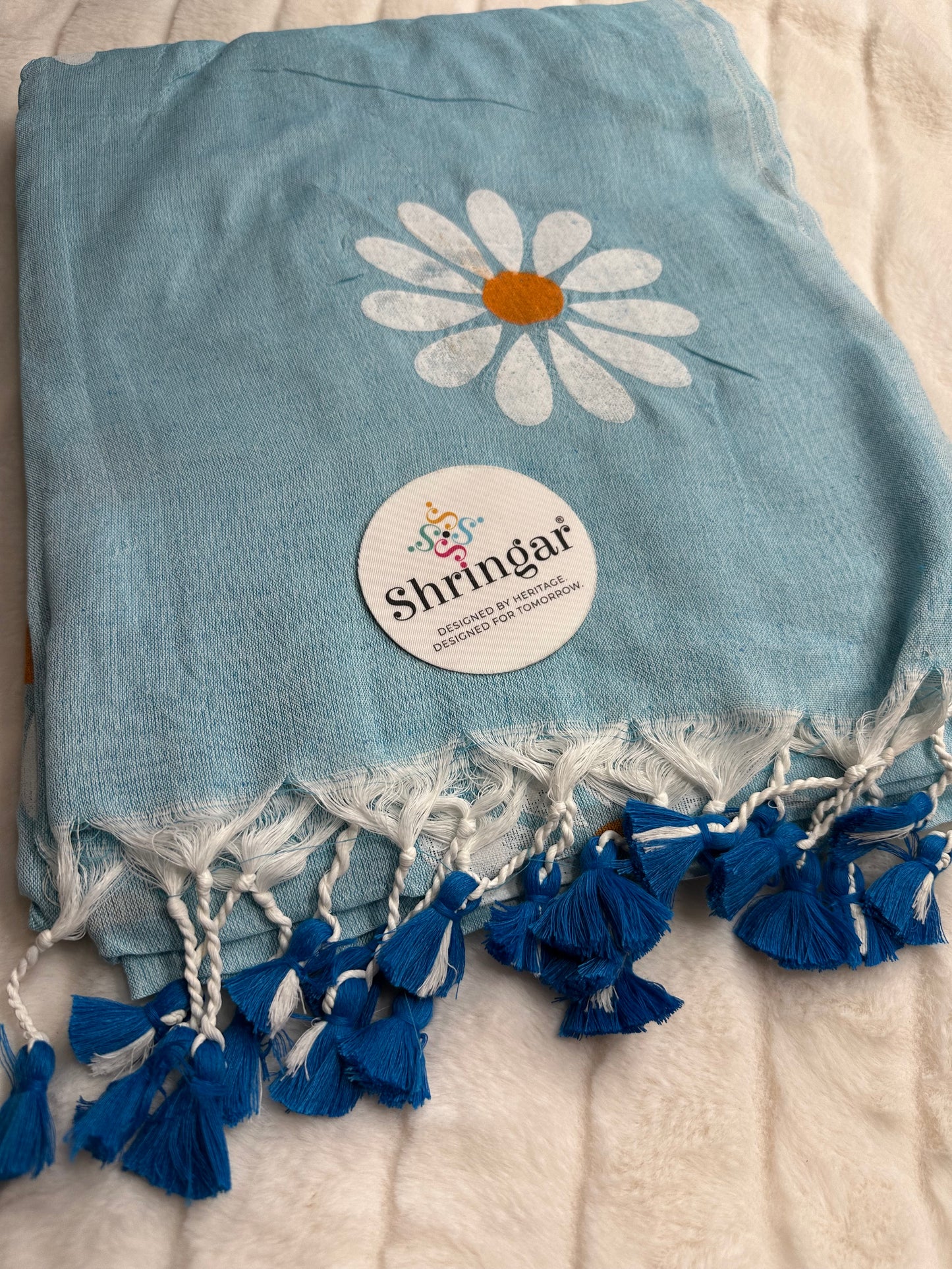 Flower Cotton Linen Saree-Blue