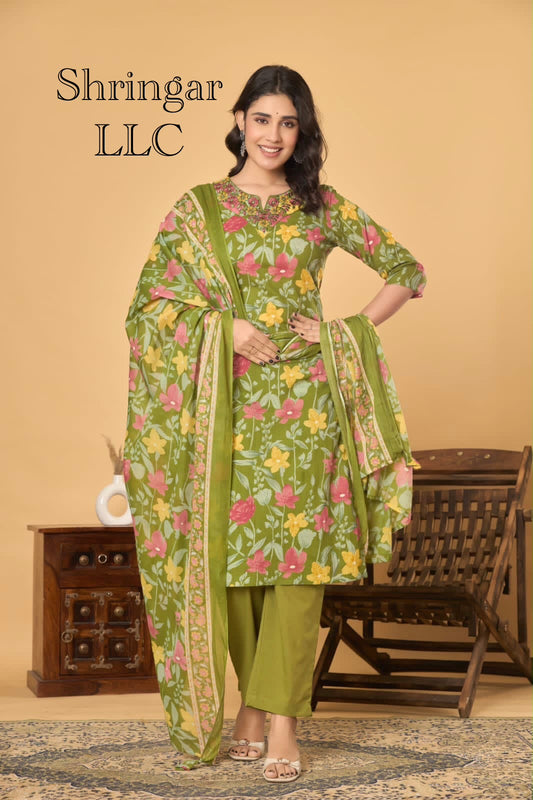 Olive Green Floral Printed Cotton Salwar Suit Set