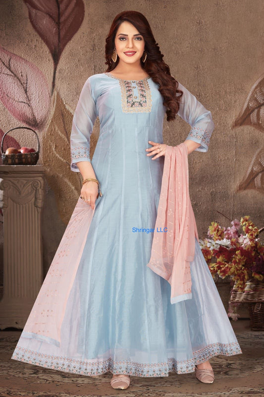 Chanderi Silk gown with bottom and dupatta