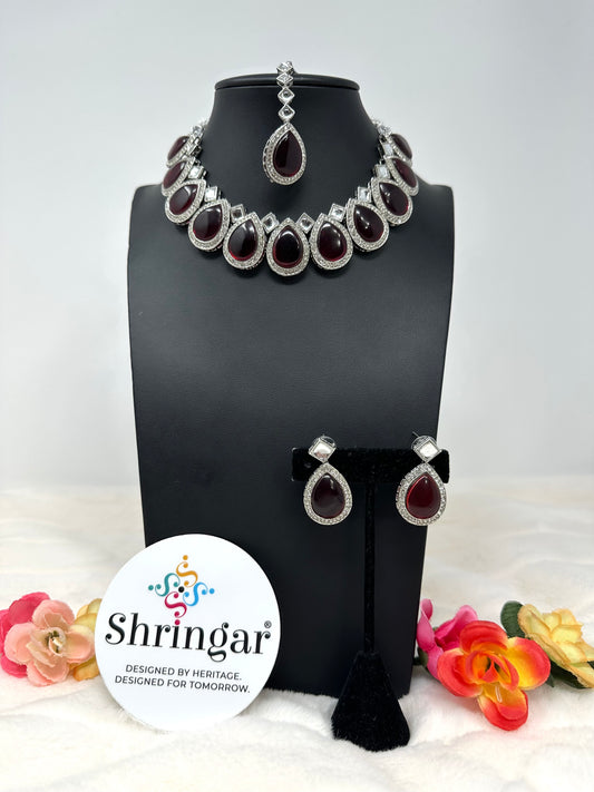 AD Stone Silver Necklace Set with Earrings and Tikka
