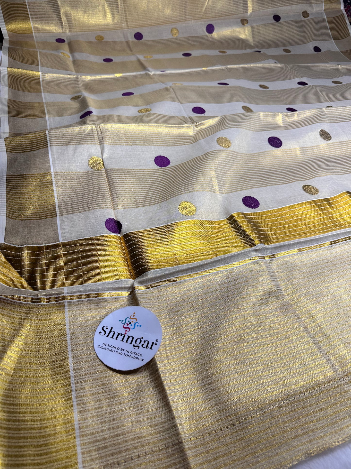 Kerala Onam Tissue Saree (purple polka dots in Pallu)