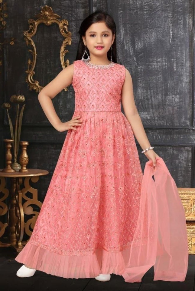 Coral Pink Gown with bottom and dupatta