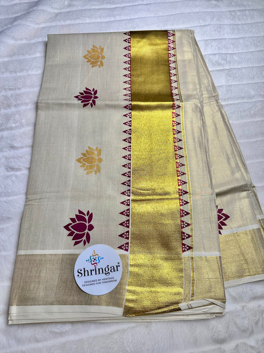 Kerala Saree with  maroon /deep burgundy and gold lotus motifs