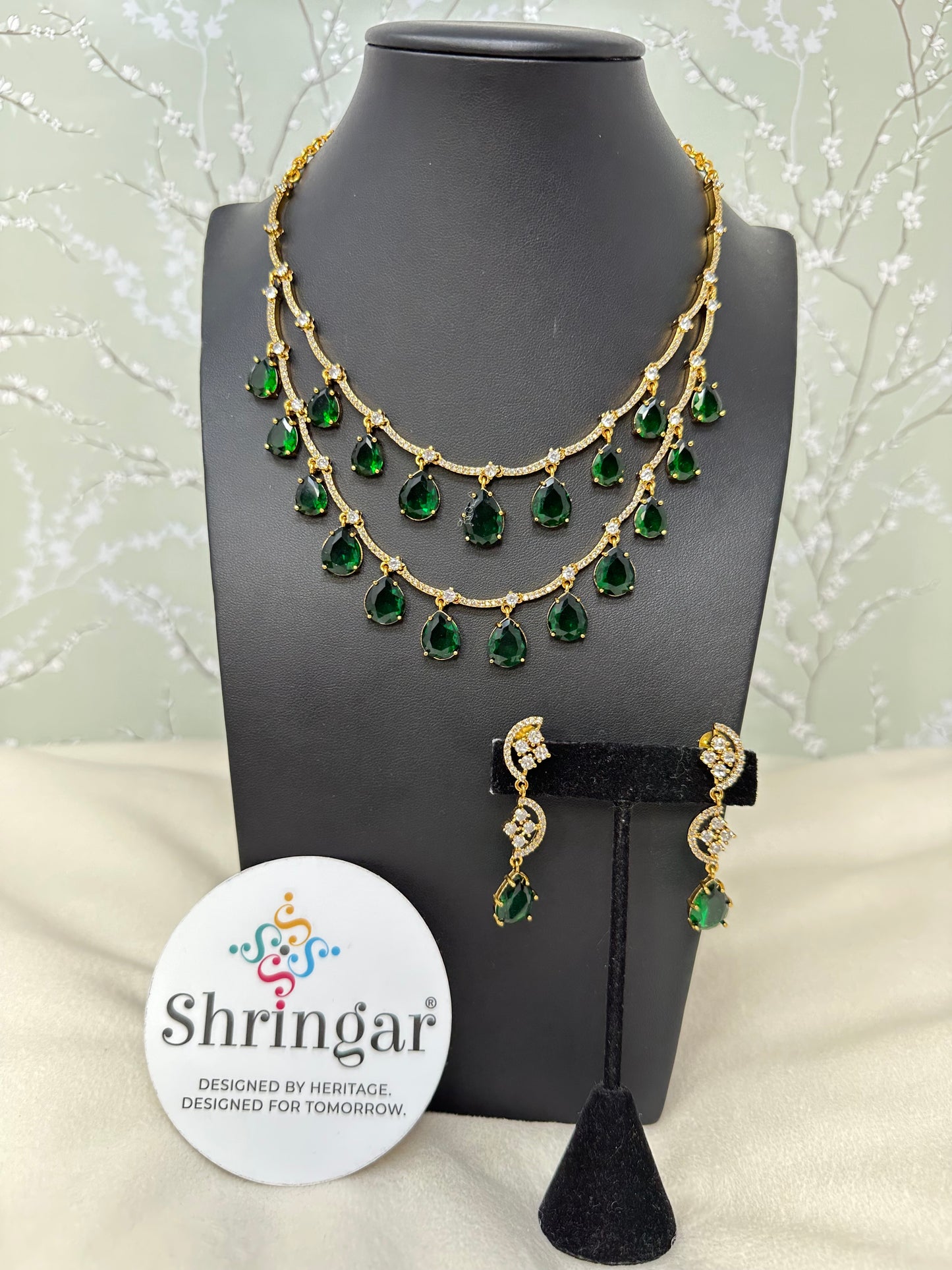 Emerald 2 Layered Necklace Earrings Set